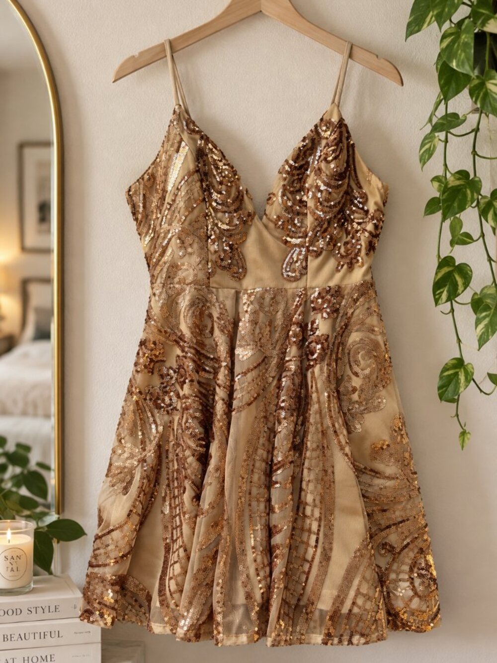 HIRIE STAGE DRESS - Windsor Rose Gold Sequin Fit & Flare Mini Party Dress